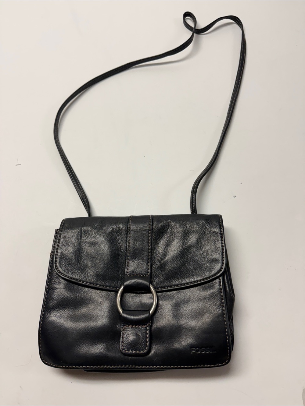 Fossil Black Leather Ring-Accent Crossbody Bag